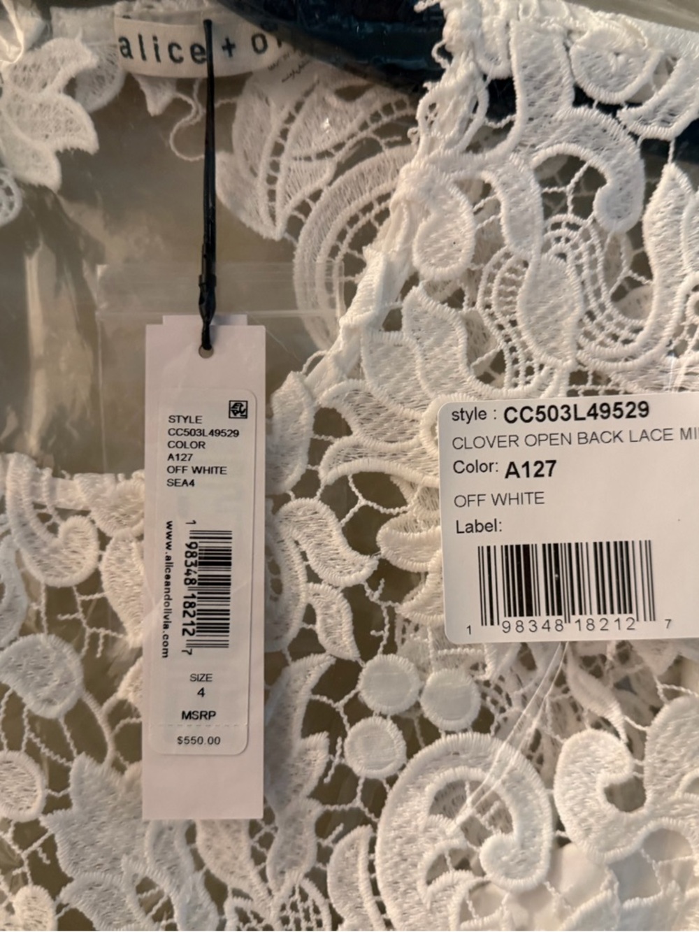 Alice + Olivia White Lace Midi Dress with Scalloped Hem, open back - Picture 6 of 6